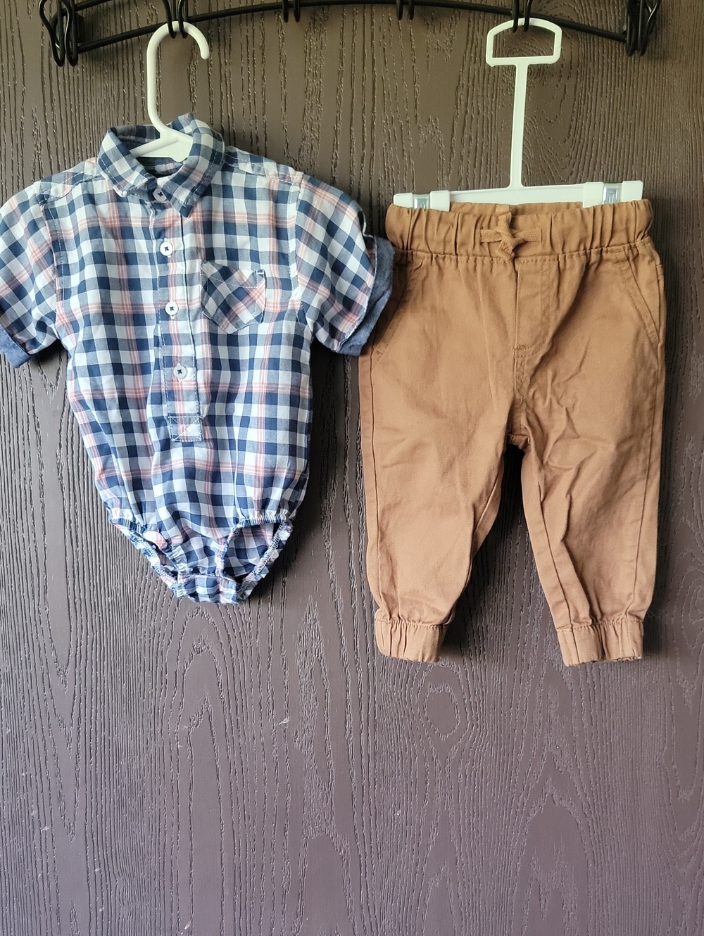 Ben Sherman Infant Plaid Button Bodysuit & Tan Jogger Pants Set